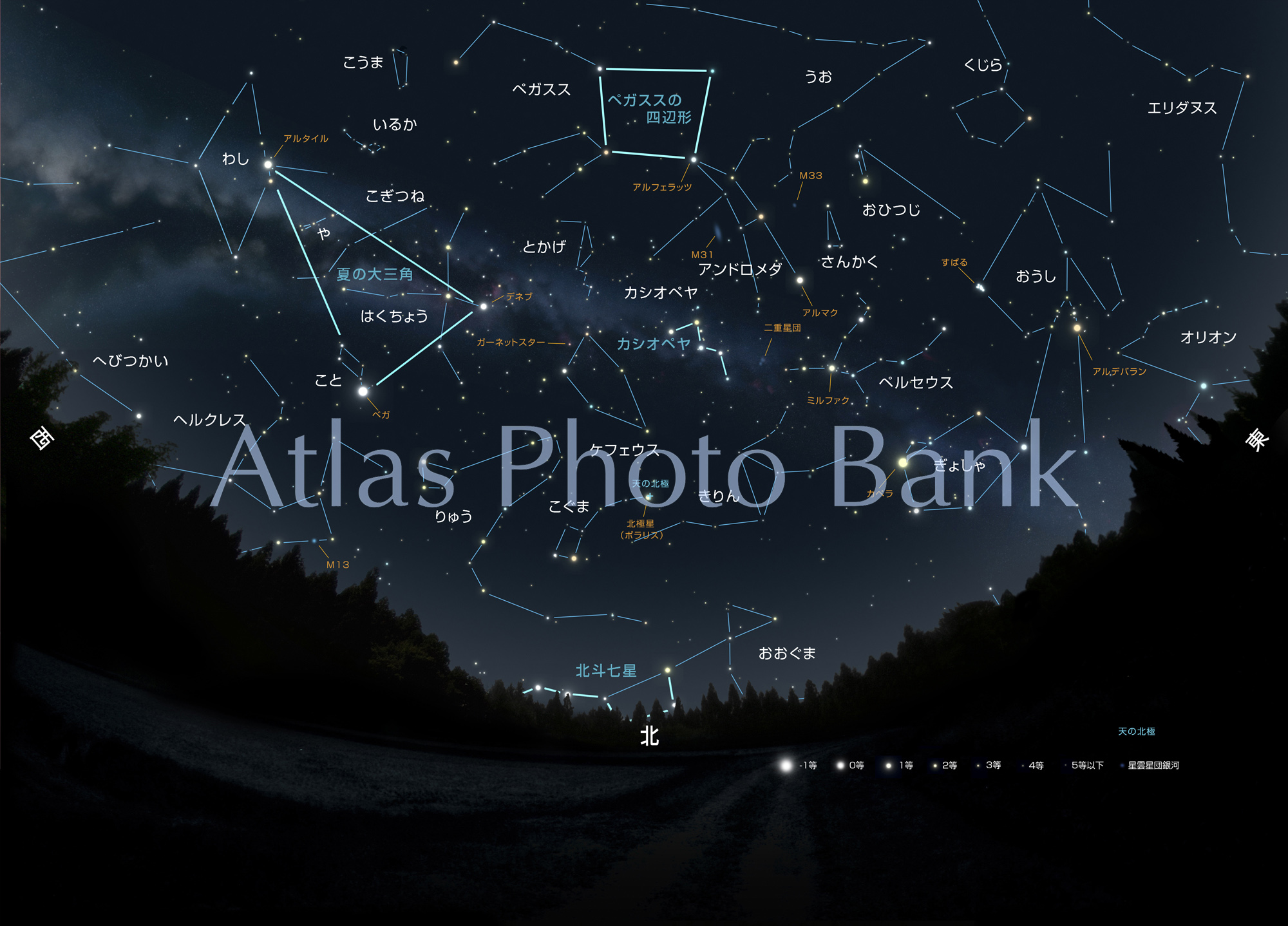 CR-4SF-006-秋の北の空の星座+風景シルエット