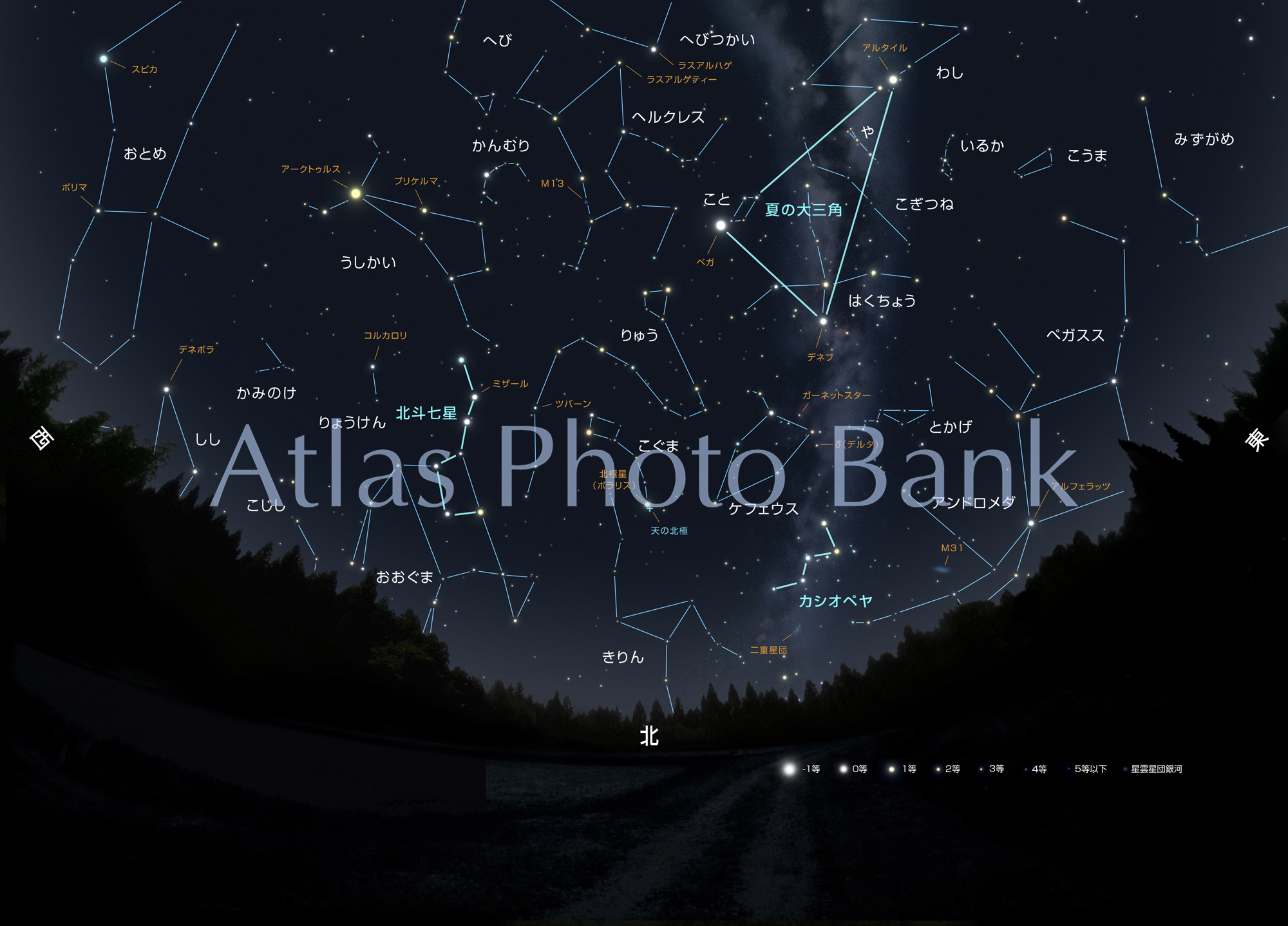 CR-4SF-004-夏の北の空の星座+風景シルエット