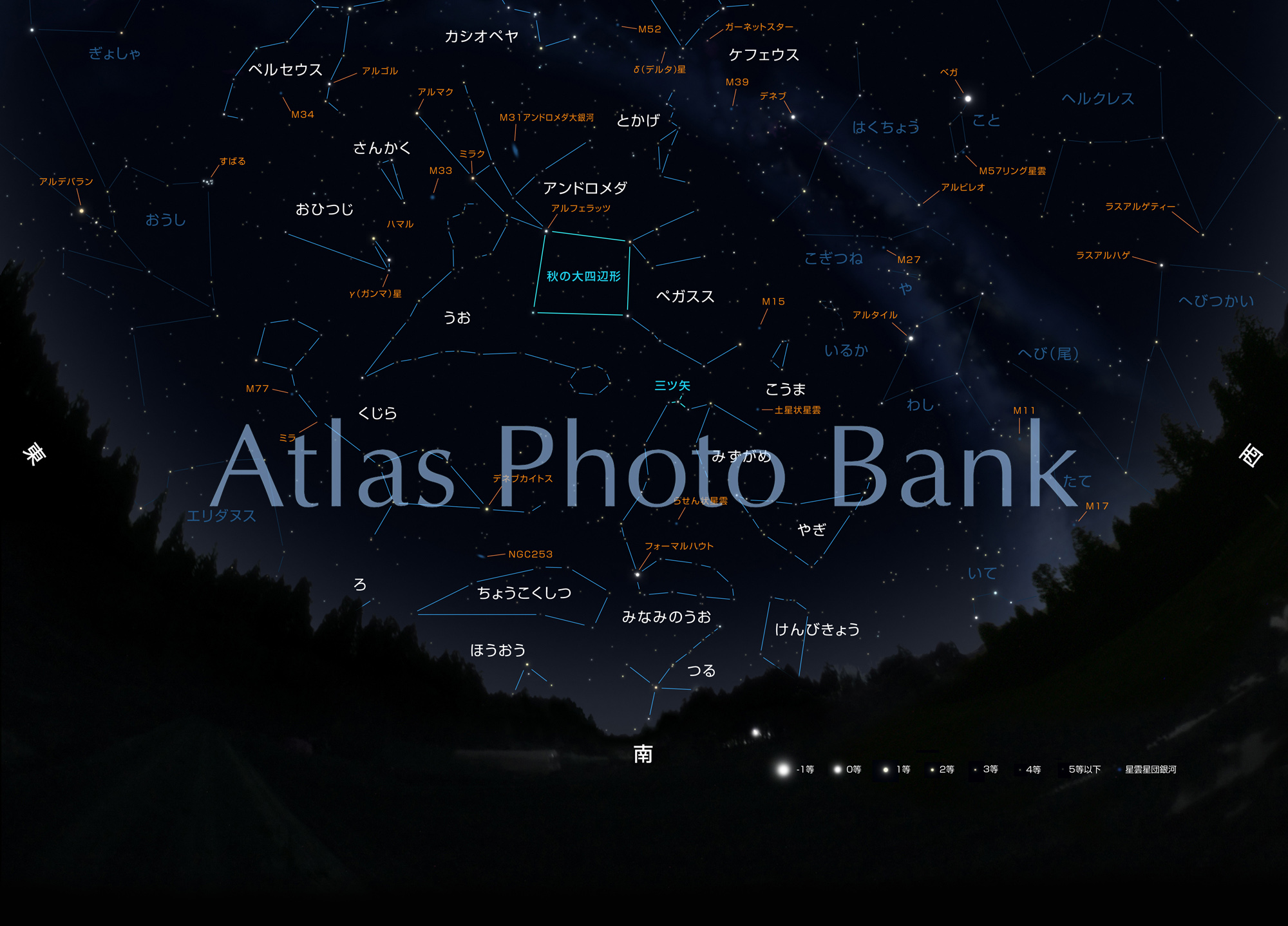 CR-4SF-005-秋の南の空の星座+風景シルエット