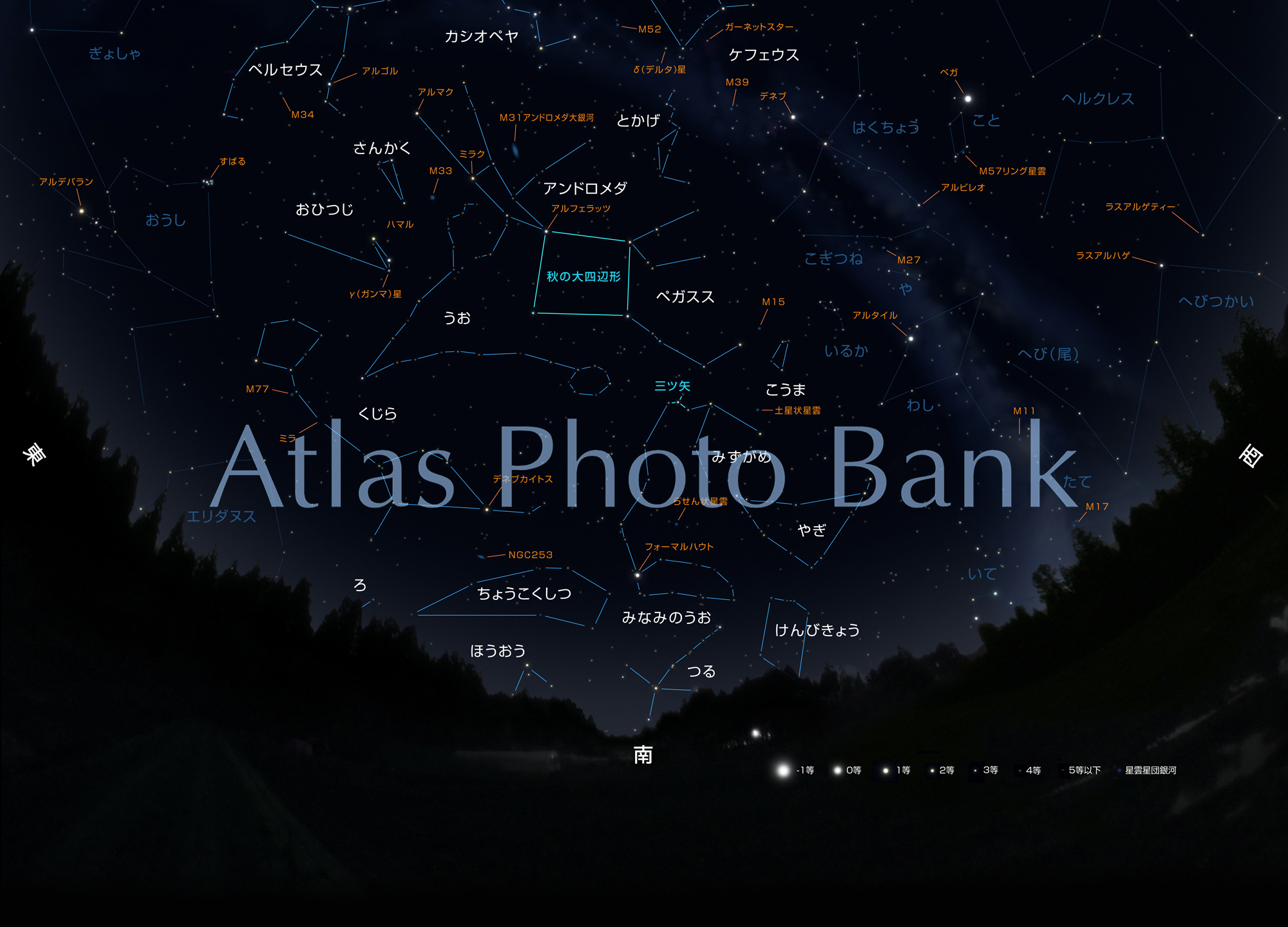CR-4SF-005-秋の南の空の星座+風景シルエット
